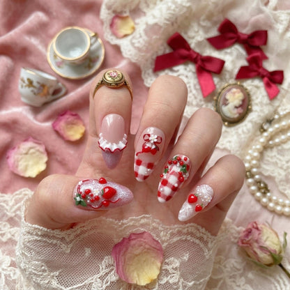 3D Strawberry Press On Nails, Kawaii Coquette Gingham Set