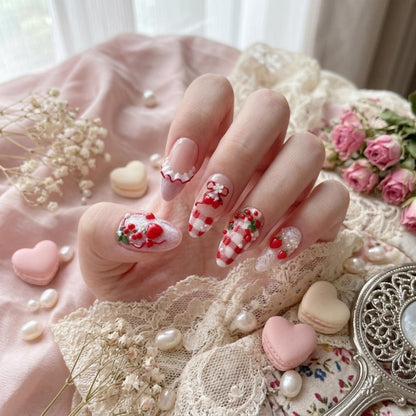 3D Strawberry Press On Nails, Kawaii Coquette Gingham Set