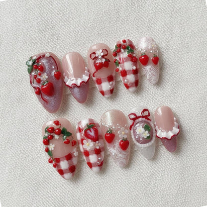 3D Strawberry Press On Nails, Kawaii Coquette Gingham Set