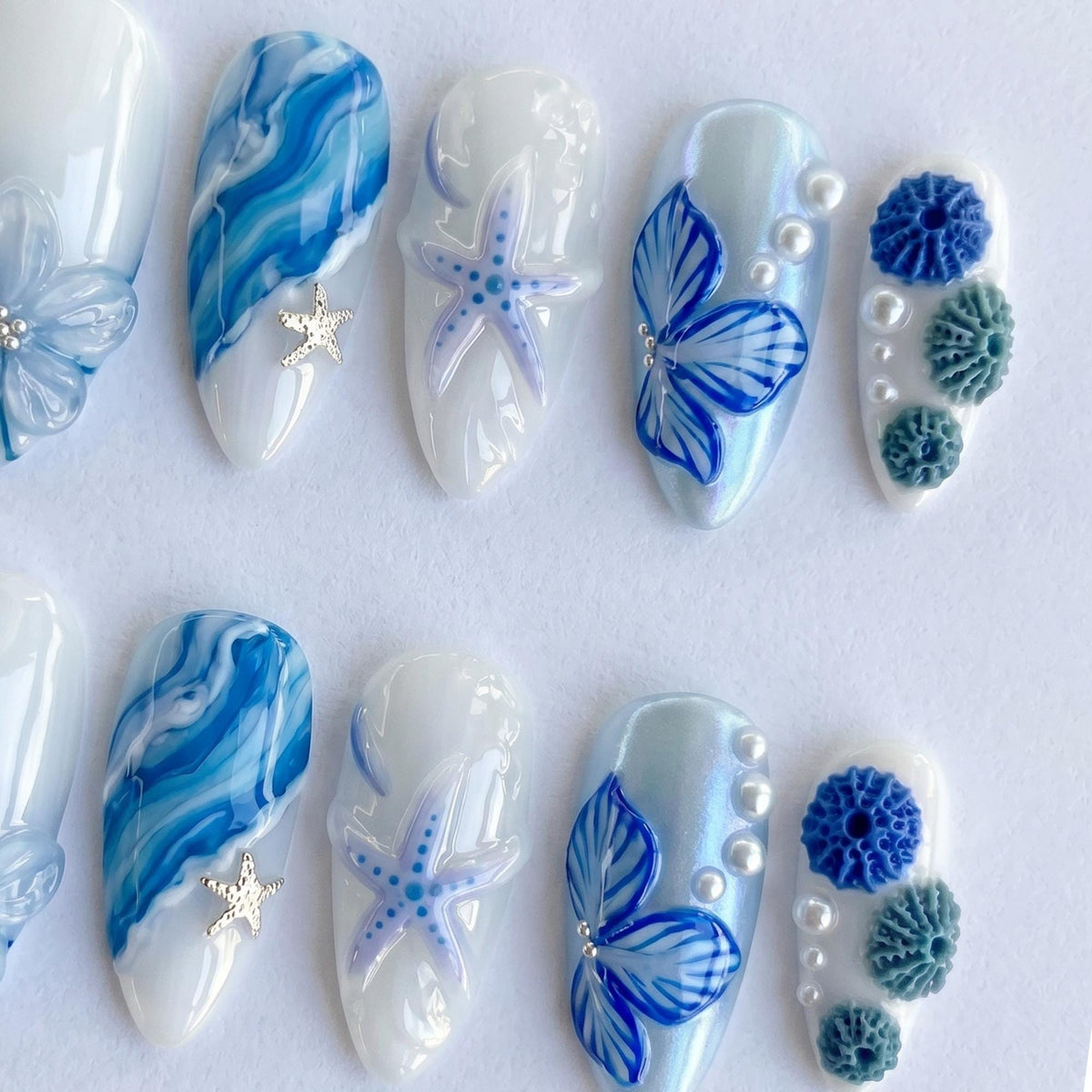 Ocean Press On Nails Summer, Blue Beach Nails with 3D Flower, Starfish & Pearl Design, Summer Vacation Fake Nails Gift for Her | JB416L