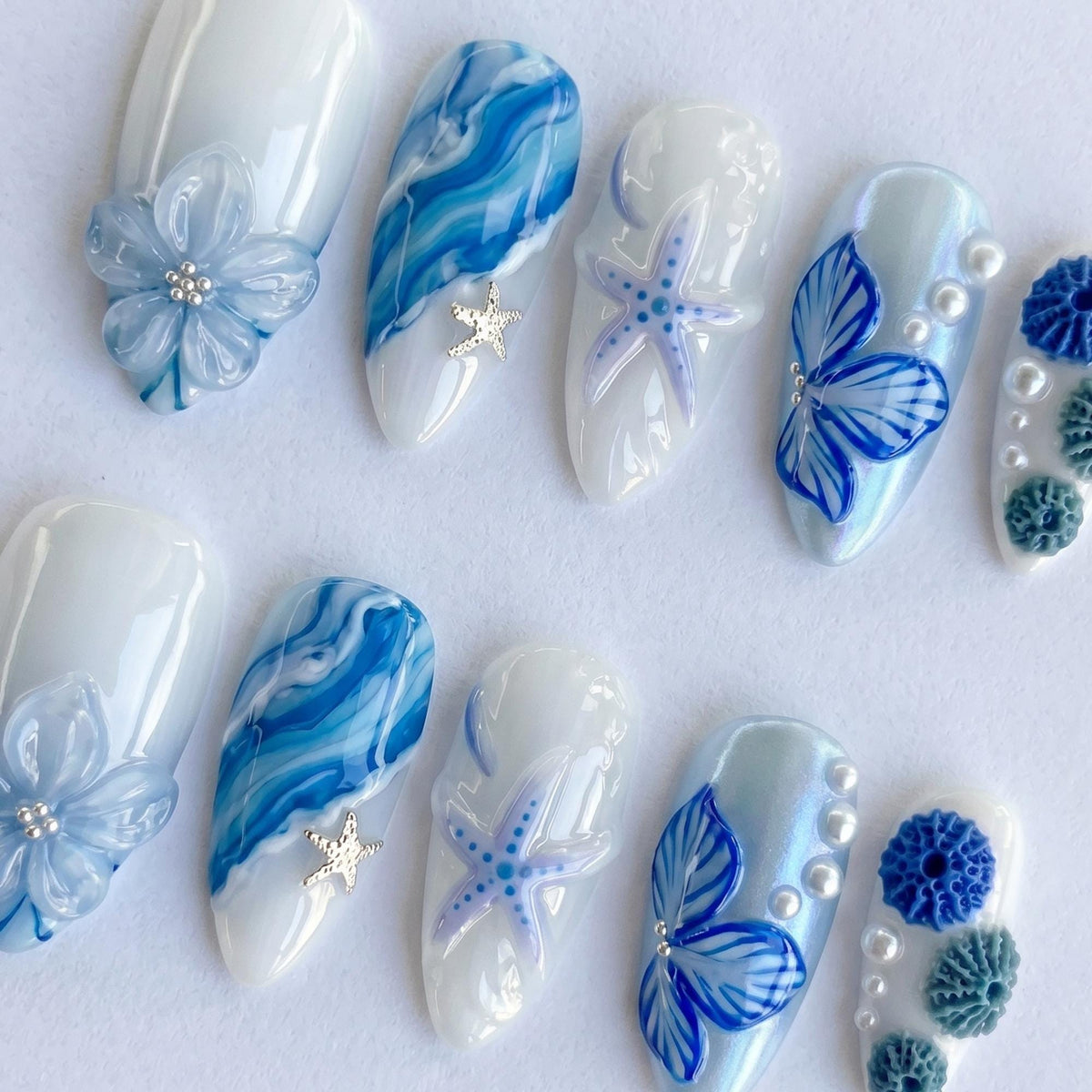 Ocean Press On Nails Summer, Blue Beach Nails with 3D Flower, Starfish & Pearl Design, Summer Vacation Fake Nails Gift for Her | JB416L