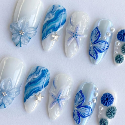 Ocean Press On Nails Summer, Blue Beach Nails with 3D Flower, Starfish & Pearl Design, Summer Vacation Fake Nails Gift for Her | JB416L