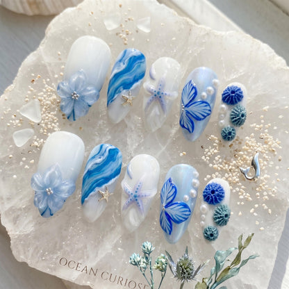 Ocean Press On Nails Summer, Blue Beach Nails with 3D Flower, Starfish & Pearl Design, Summer Vacation Fake Nails Gift for Her | JB416L