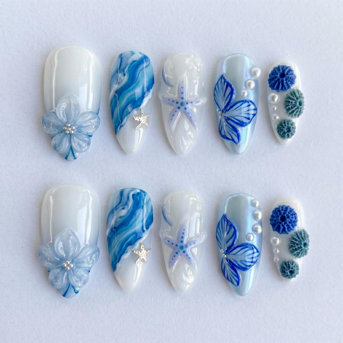 Ocean Press On Nails Summer, Blue Beach Nails with 3D Flower, Starfish & Pearl Design, Summer Vacation Fake Nails Gift for Her | JB416L