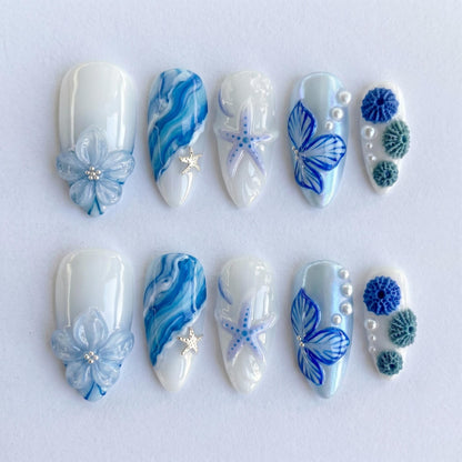 Ocean Press On Nails Summer, Blue Beach Nails with 3D Flower, Starfish & Pearl Design, Summer Vacation Fake Nails Gift for Her | JB416L