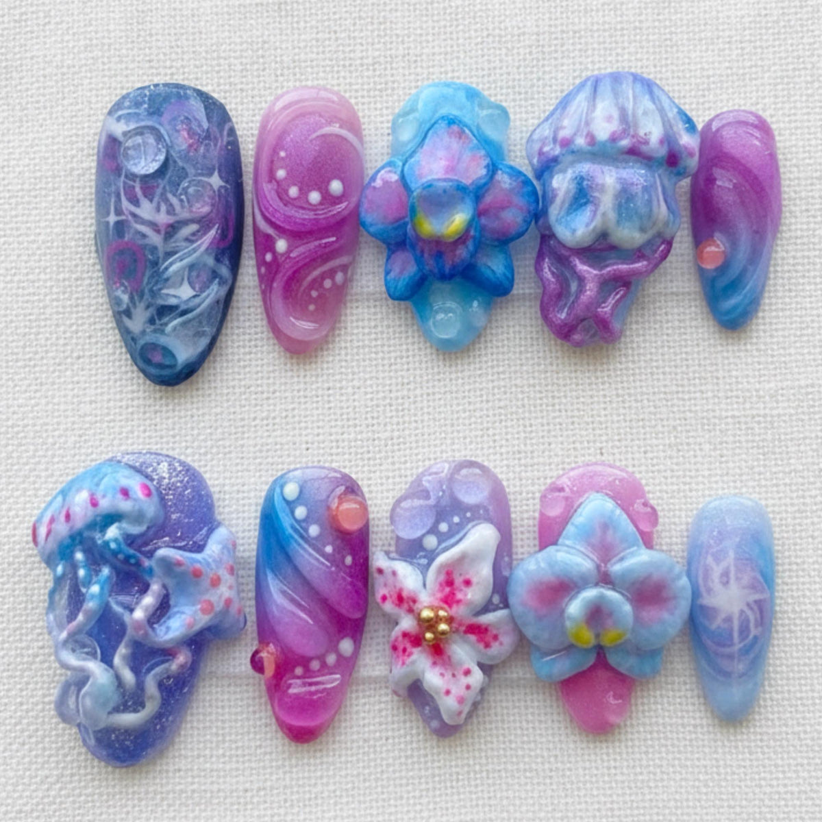 3D Jellyfish Press On Nails, Mermaid Ocean Fantasy Nail Set