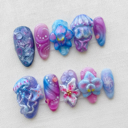 3D Jellyfish Press On Nails, Mermaid Ocean Fantasy Nail Set