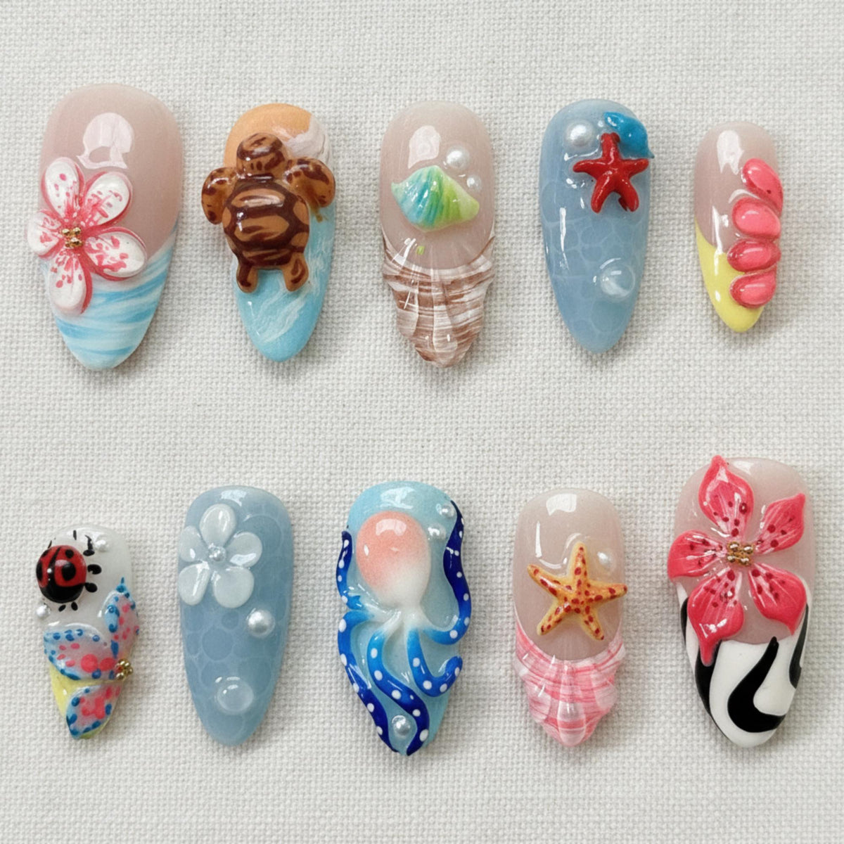 Tropical Beach Press On Nails, 3D Ocean Turtle Starfish Summer Set