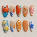 Summer Beach Press On Nails, 3D Crab Shell Starfish Citrus Nail Set