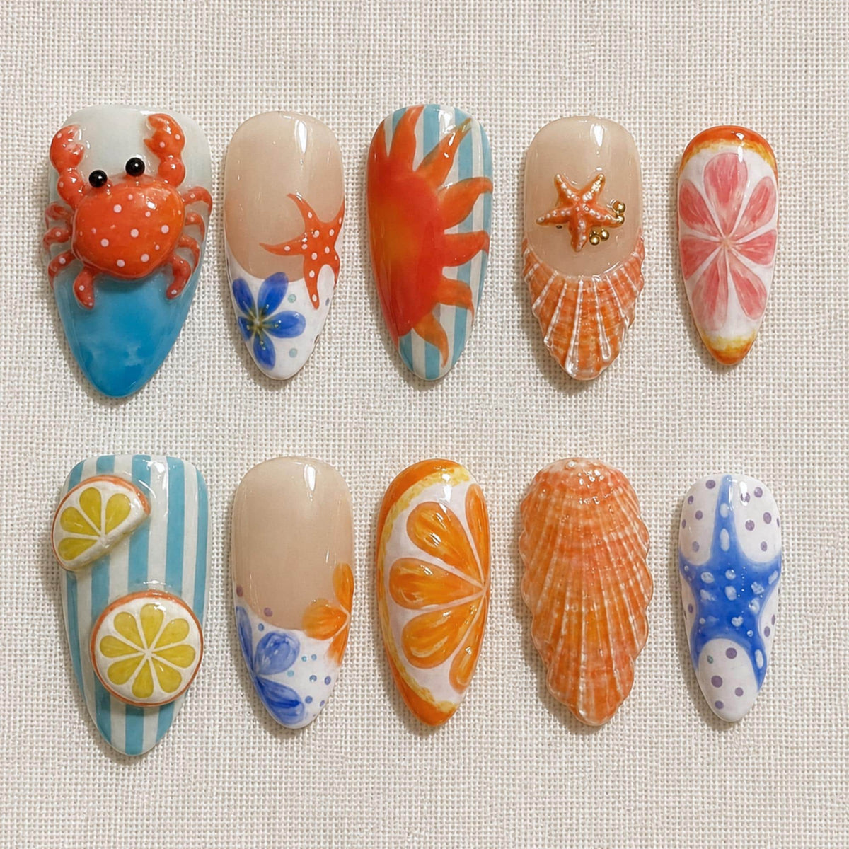 Summer Beach Press On Nails, 3D Crab Shell Starfish Citrus Nail Set