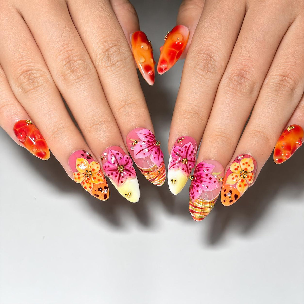 Tropical Press On Nails Almond • Summer Vacation Gift • Orange Pink 3D Hibiscus Flower Sunset Handmade Fake Nails Beach Set JB427LG
