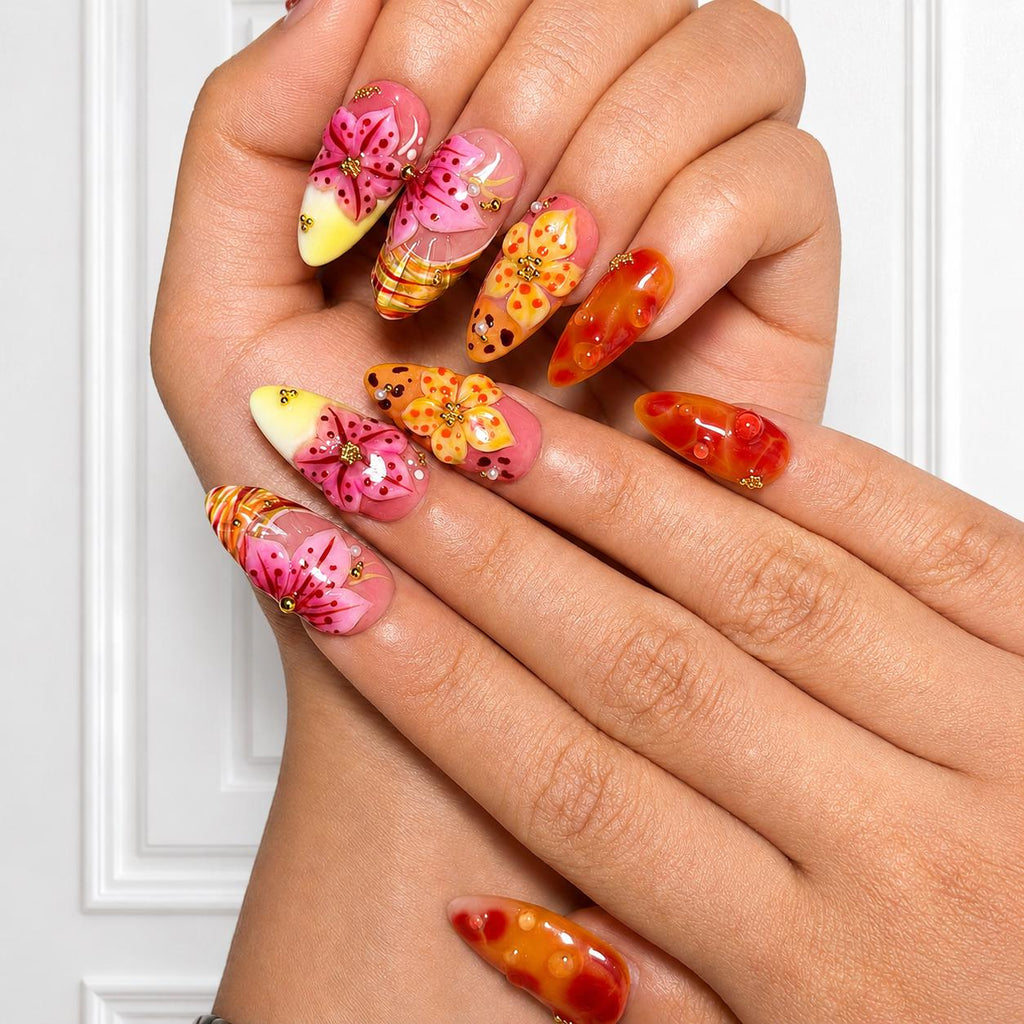 Tropical Press On Nails Almond • Summer Vacation Gift • Orange Pink 3D Hibiscus Flower Sunset Handmade Fake Nails Beach Set JB427LG