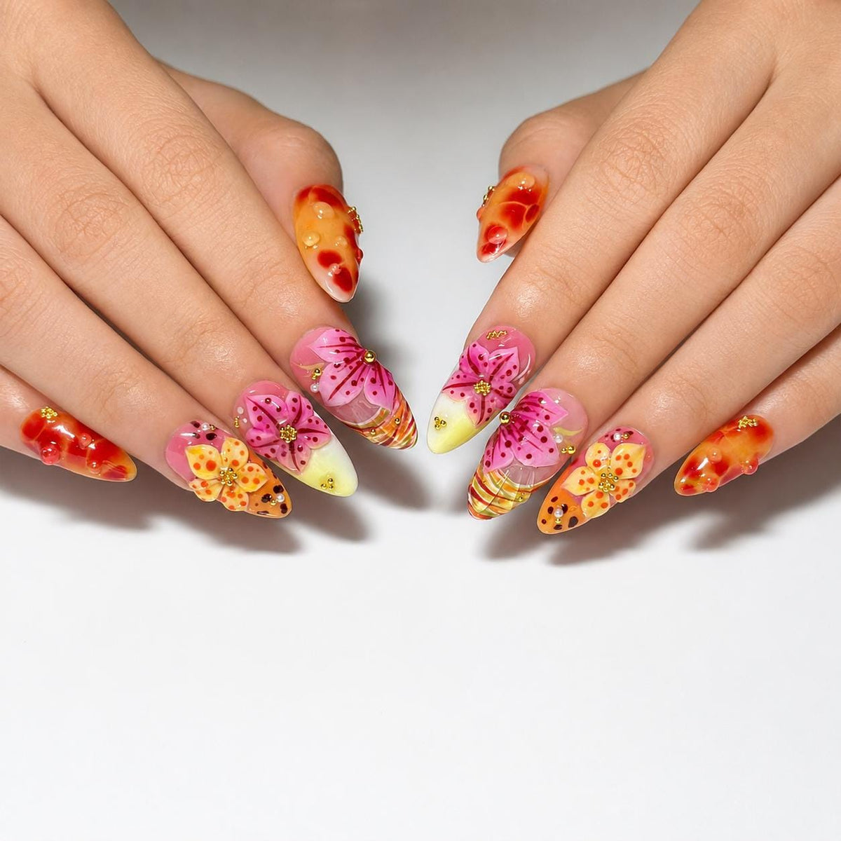 Tropical Press On Nails Almond • Summer Vacation Gift • Orange Pink 3D Hibiscus Flower Sunset Handmade Fake Nails Beach Set JB427LG