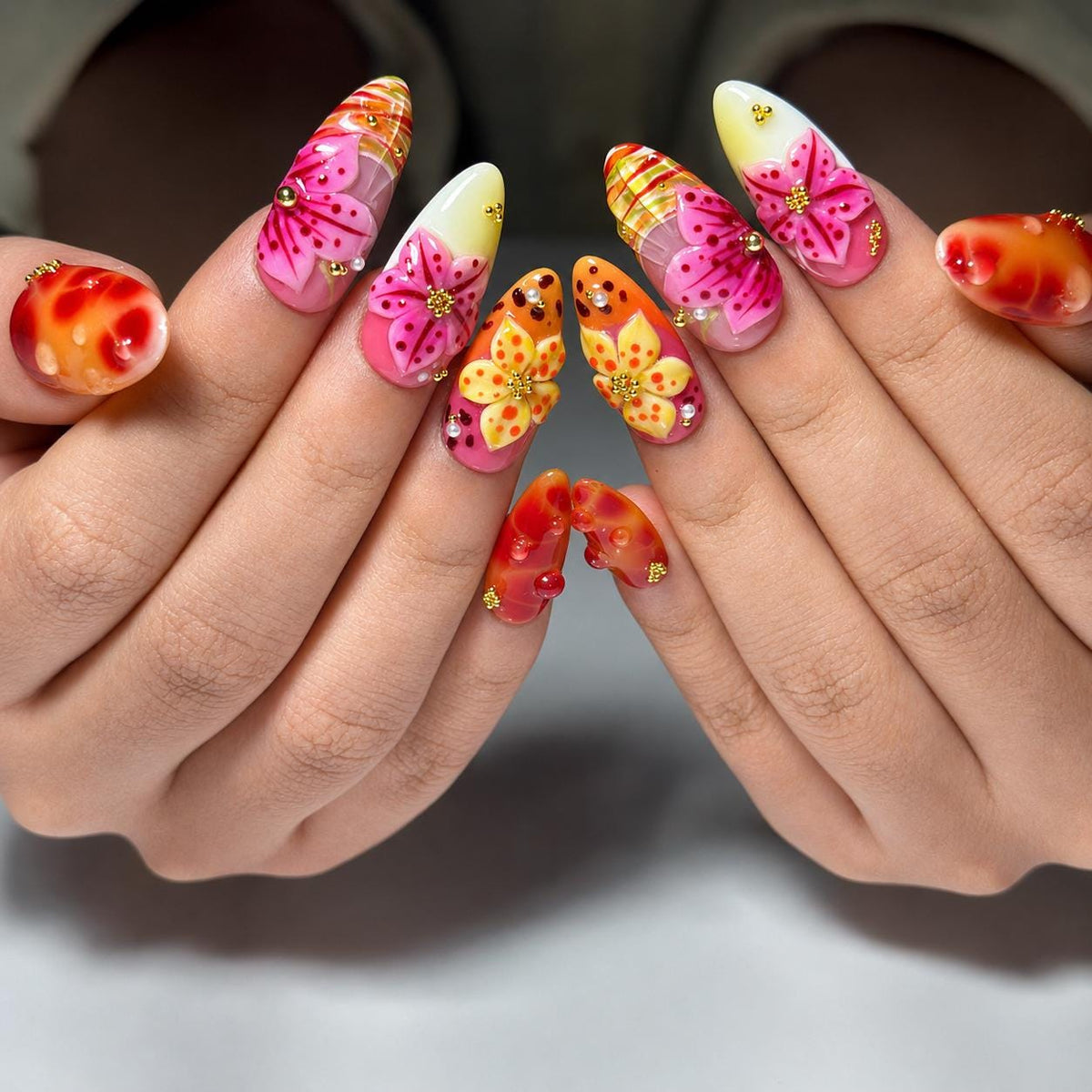 Tropical Press On Nails Almond • Summer Vacation Gift • Orange Pink 3D Hibiscus Flower Sunset Handmade Fake Nails Beach Set JB427LG