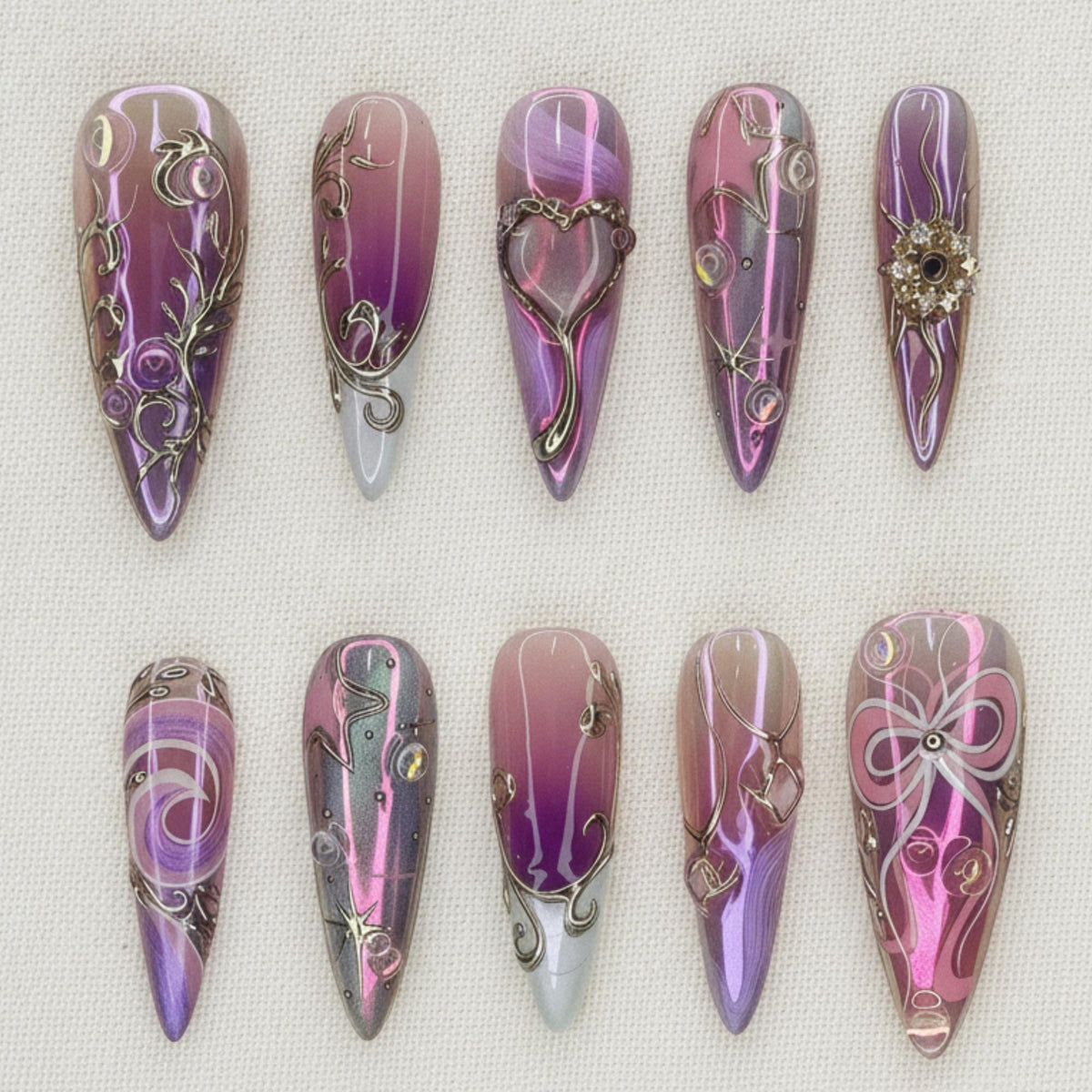 Purple Chrome Press On Nails, Fairycore Y2K Heart Nail Set