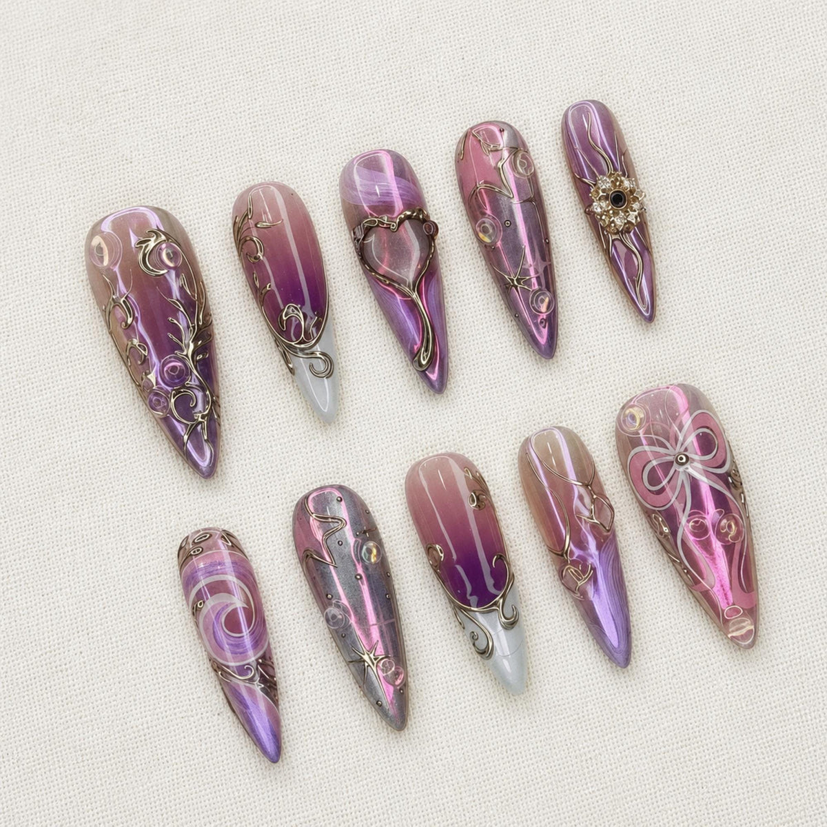 Purple Chrome Press On Nails, Fairycore Y2K Heart Nail Set