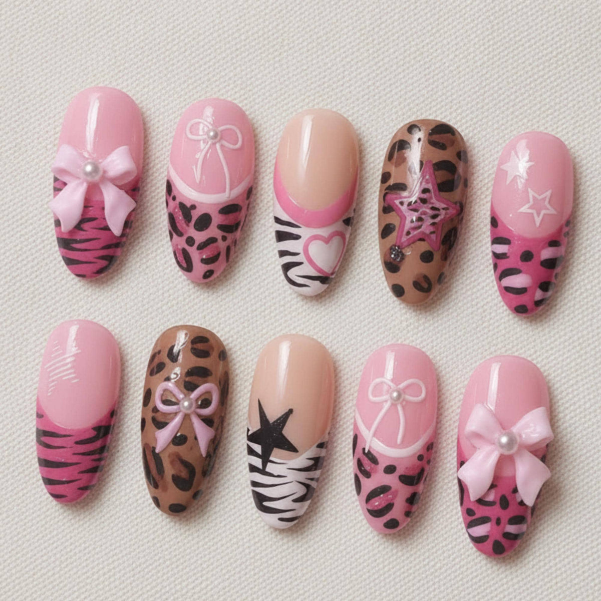 Pink Leopard Press On Nails, Coquette Bow Animal Print Nail Set