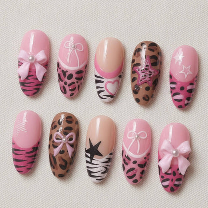 Pink Leopard Press On Nails, Coquette Bow Animal Print Nail Set