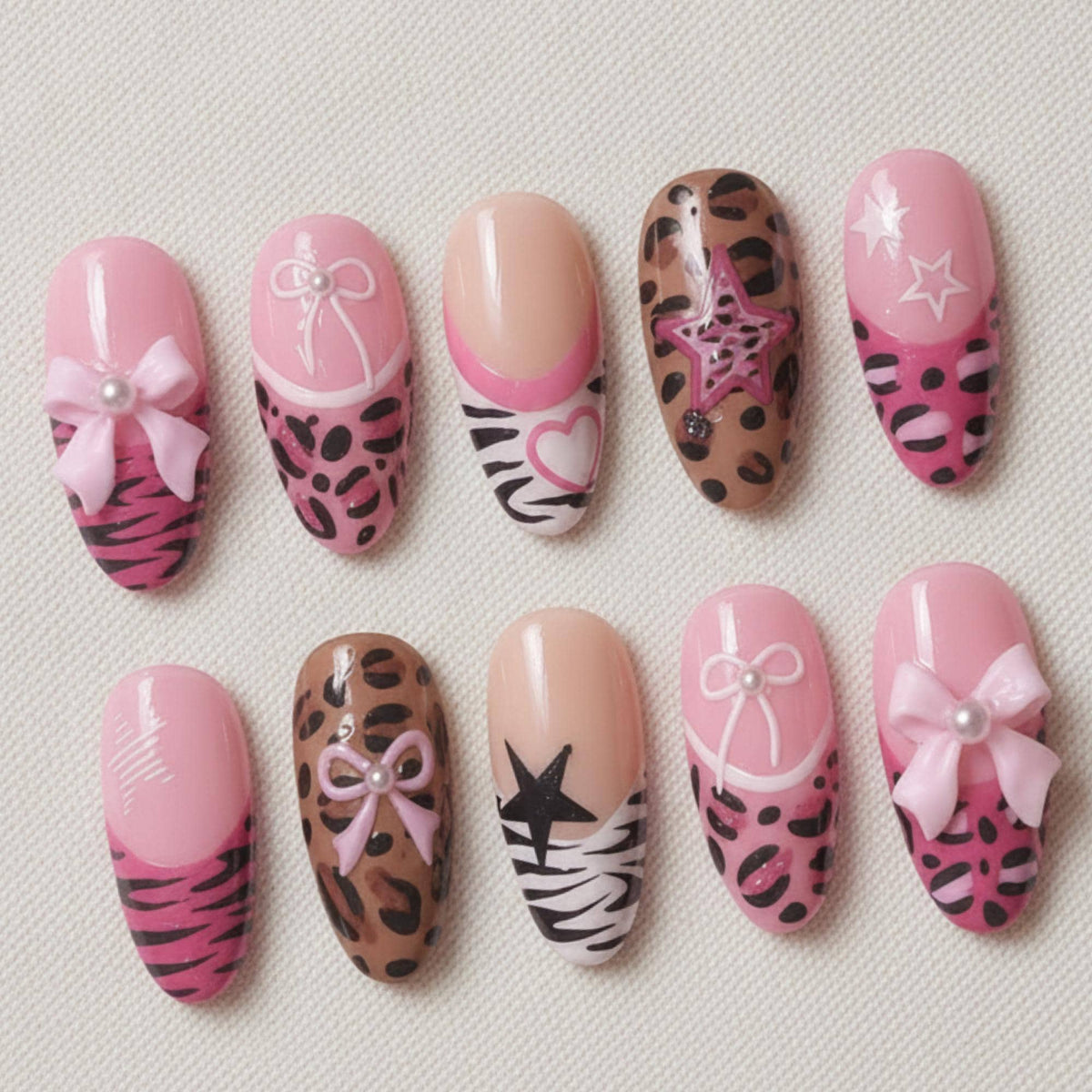 Pink Leopard Press On Nails, Coquette Bow Animal Print Nail Set