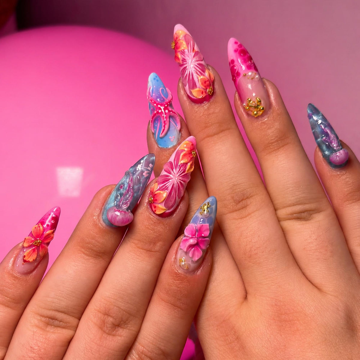 3D Jellyfish Ocean Nail Set, Tropical Hibiscus Press On Nails