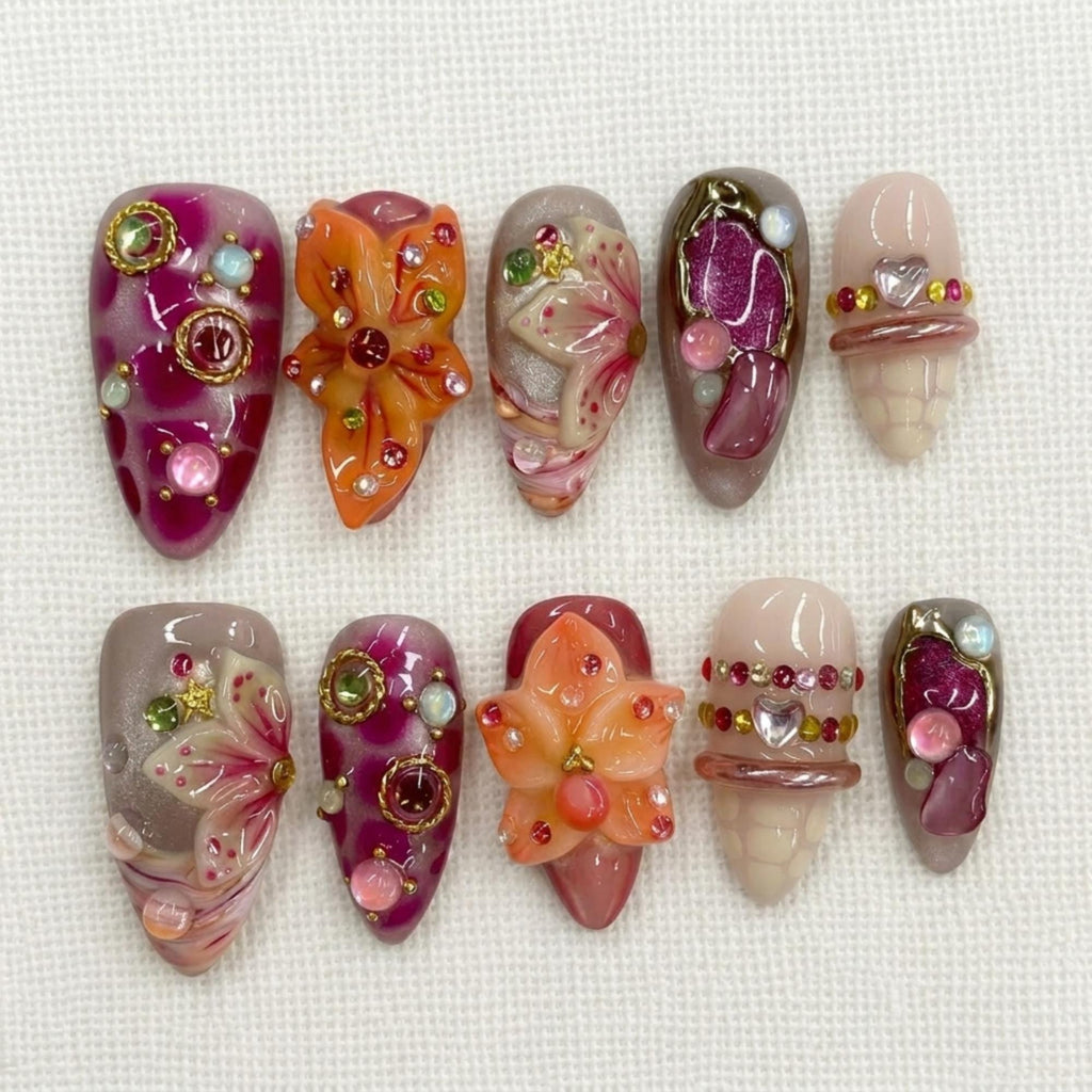 3D Lily Flower Press On Nails, Fairycore Kawaii Jelly Nail Set