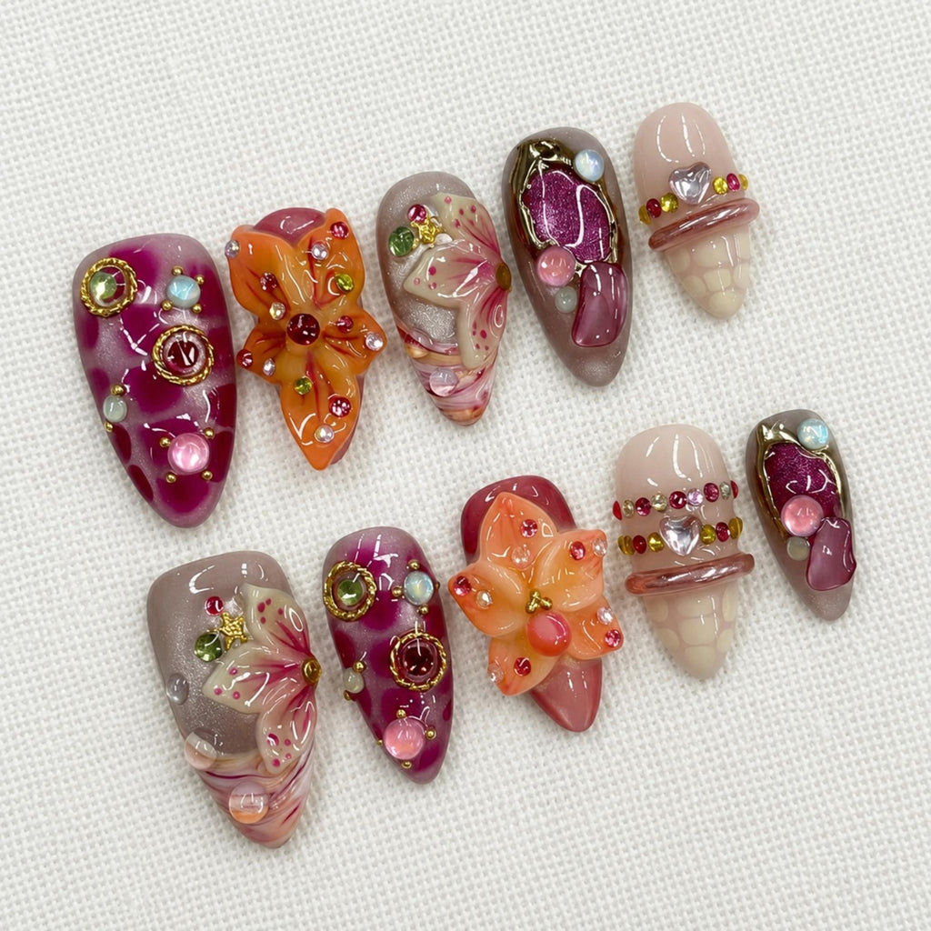 3D Lily Flower Press On Nails, Fairycore Kawaii Jelly Nail Set