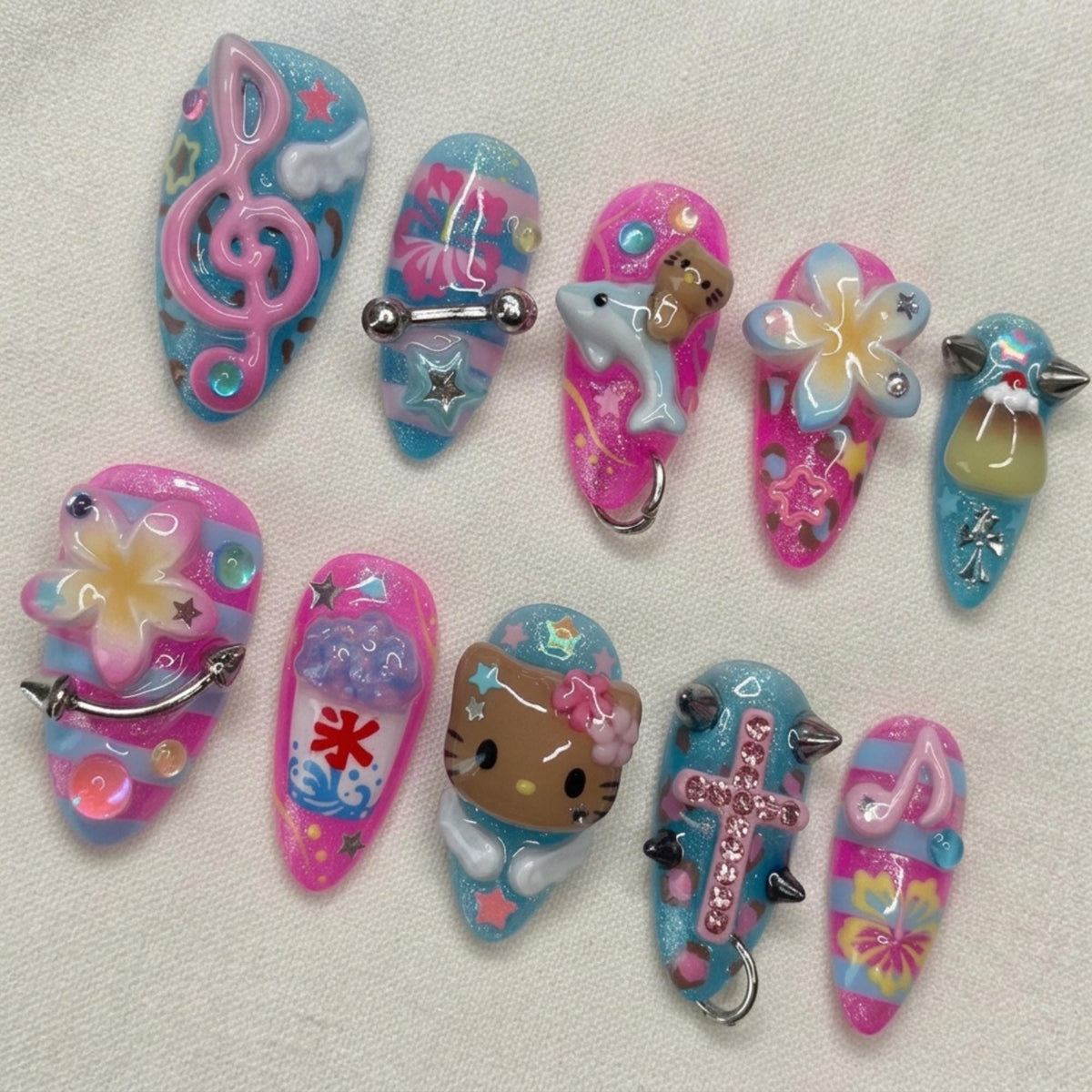 Y2K Kawaii Press On Nails, Tropical Dolphin Summer Nail Set