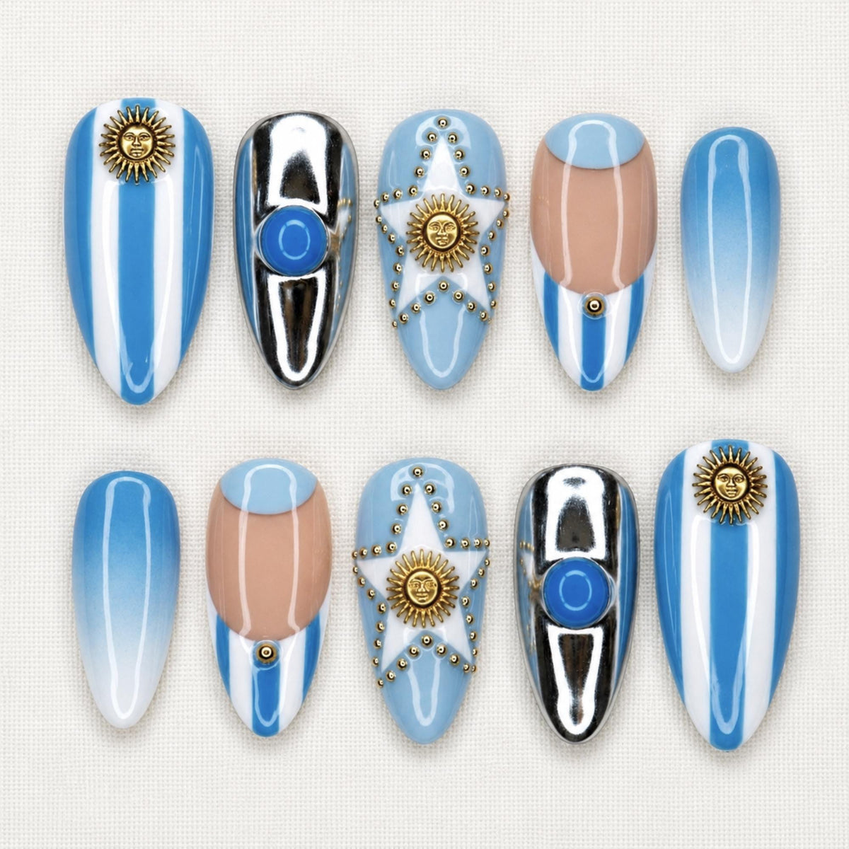 Argentina Flag Inspired Press On Nails, Blue and White Striped Fake Nails