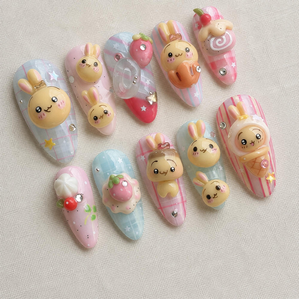 Pastel Dessert Strawberry Nail Set, Kawaii Bunny Press On Nails