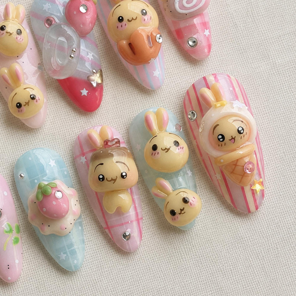 Pastel Dessert Strawberry Nail Set, Kawaii Bunny Press On Nails