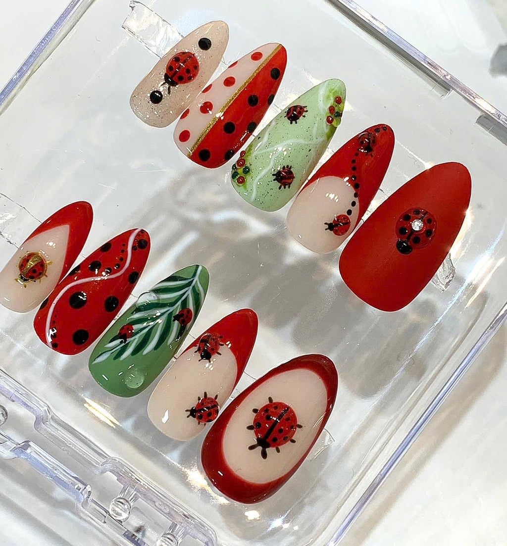 Ladybug Press On Nails | Red Green Garden Nail Art | Spring Summer Nature Inspired Set