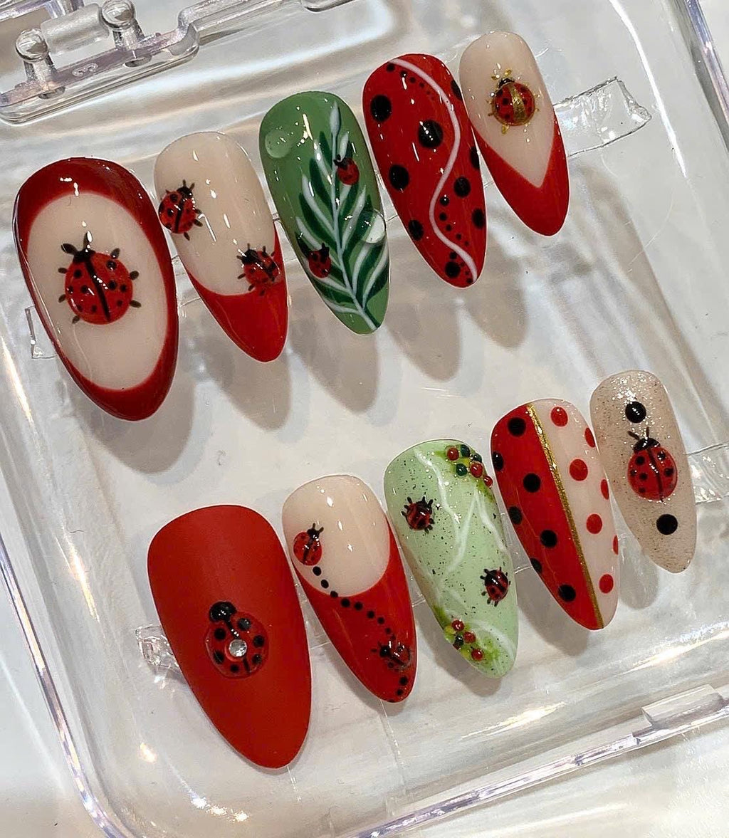 Ladybug Press On Nails | Red Green Garden Nail Art | Spring Summer Nature Inspired Set