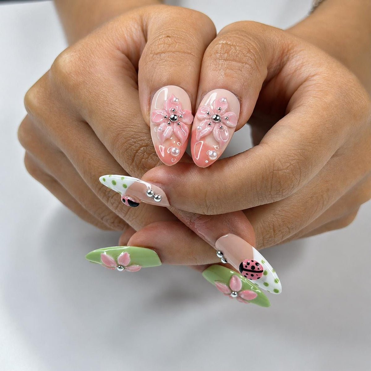 Ladybug Press On Nails Almond • Spring Garden Gift • Pink Green 3D Flower Cute Kawaii Handmade Fake Nails Reusable Set Floral Gift | JB428LG
