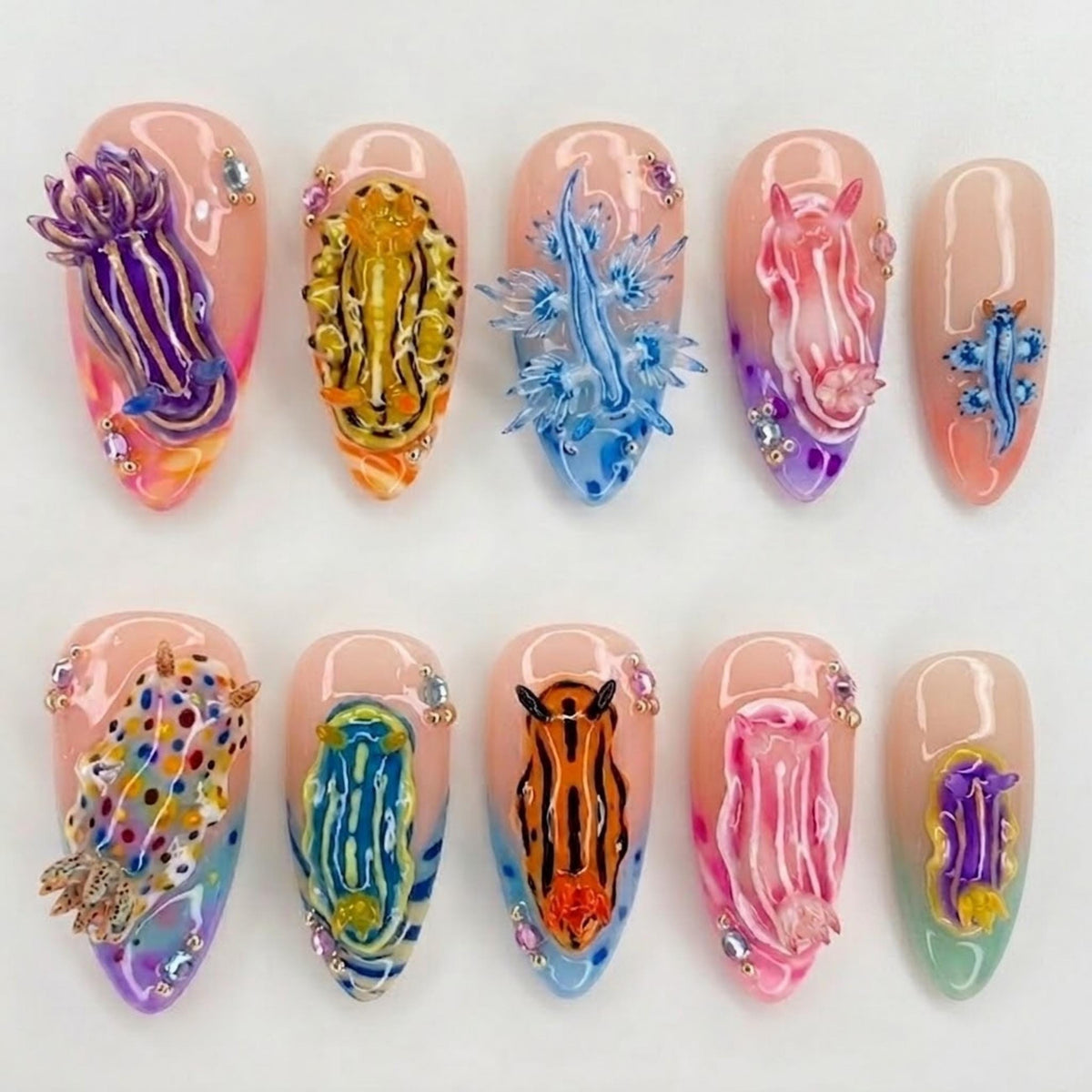 Handmade Nudibranch Ocean Press On Nails | 3D Sea Slug, Jellyfish, Colorful Marine Life & Pastel Water Design | Whimsical Coastal Nail Set