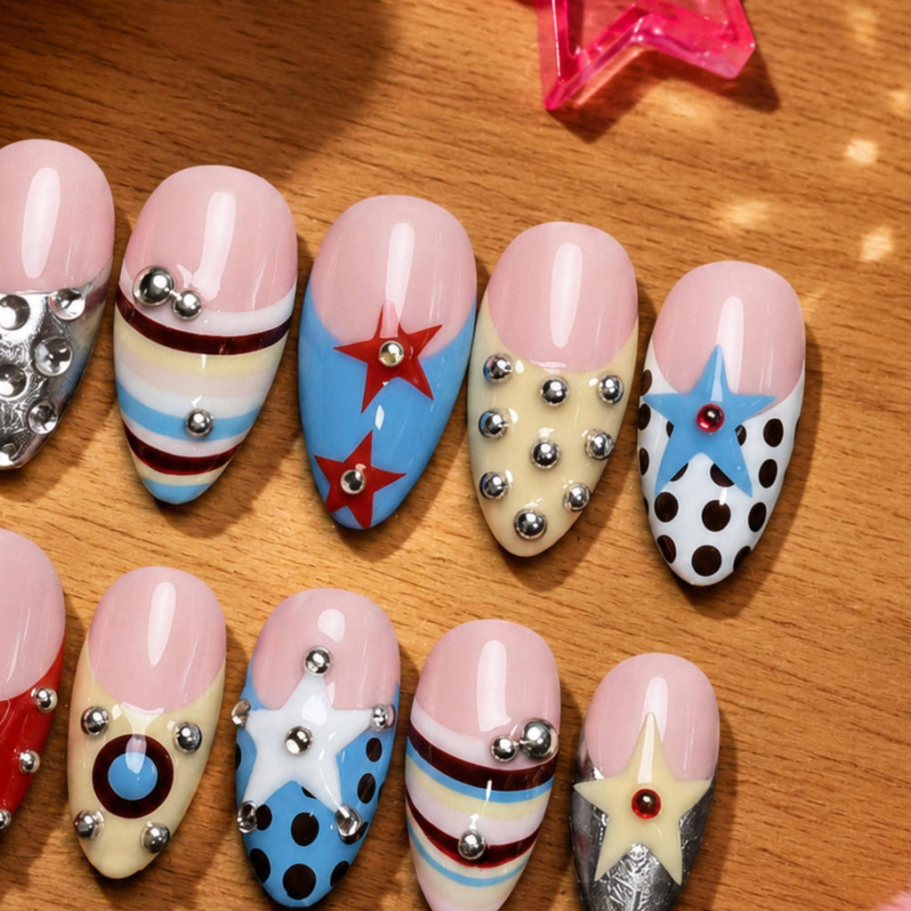 Retro Pop Press On Nails, Y2K Star Stud Chrome Nail Set