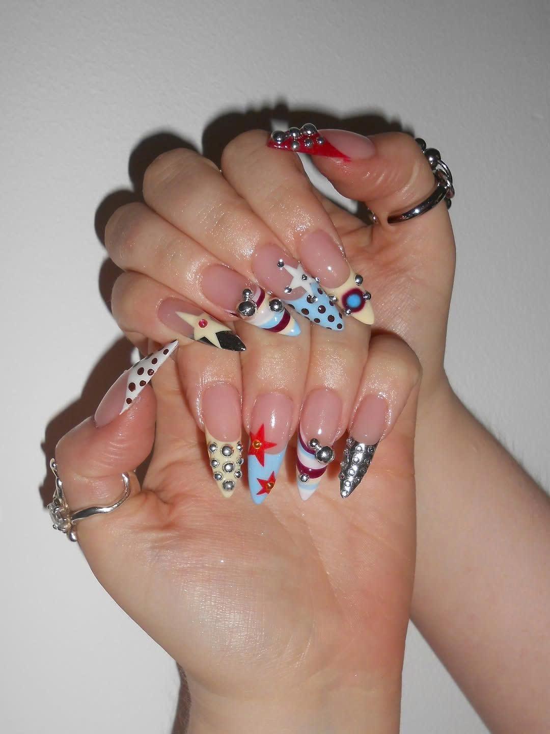 Retro Pop Press On Nails, Y2K Star Stud Chrome Nail Set