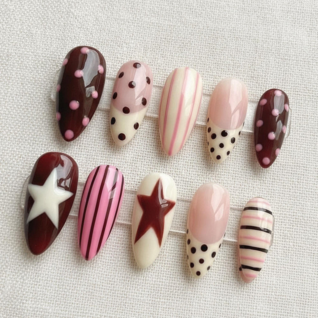 Retro Star Press On Nails, Burgundy Yellow Polka Dot Nails