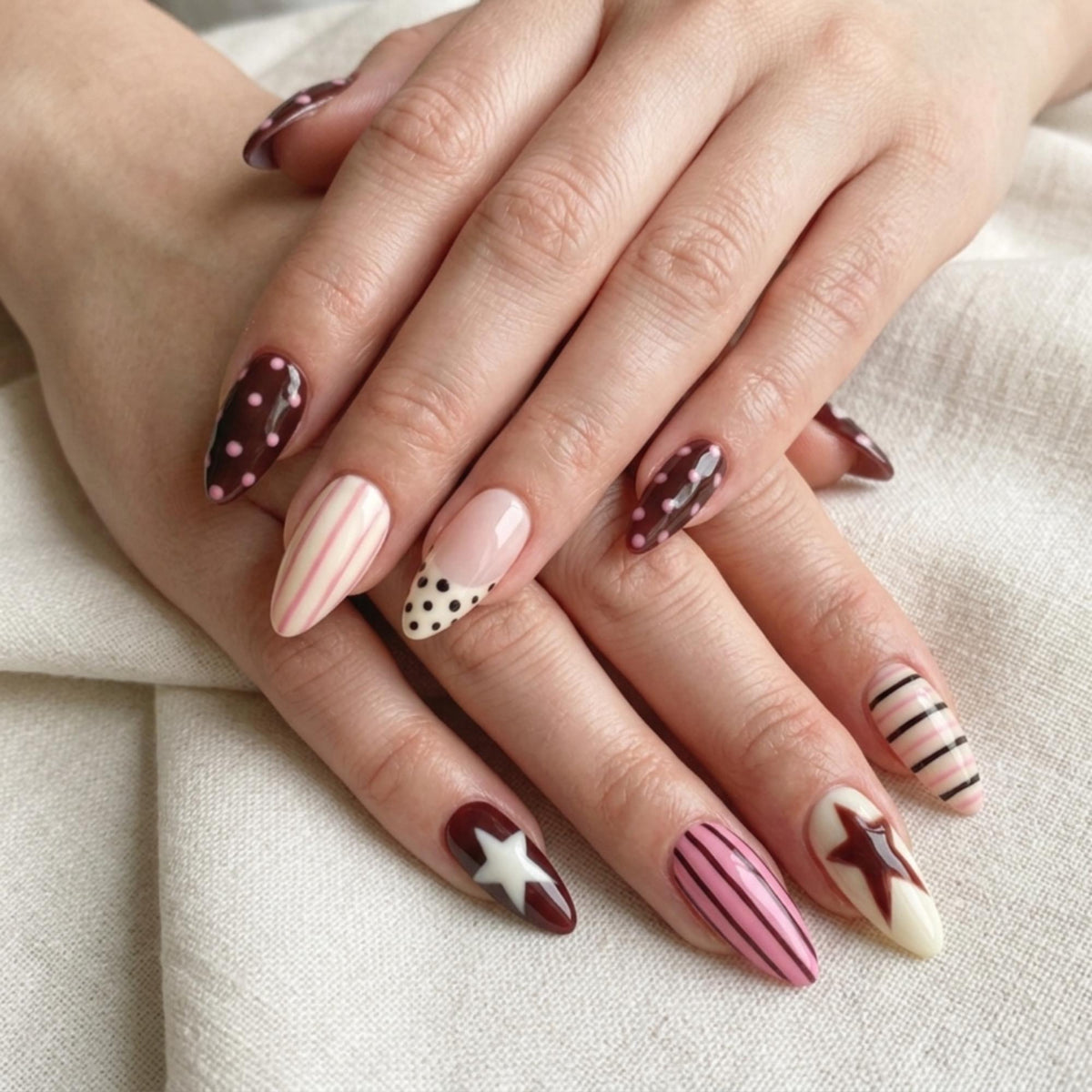 Retro Star Press On Nails, Burgundy Yellow Polka Dot Nails