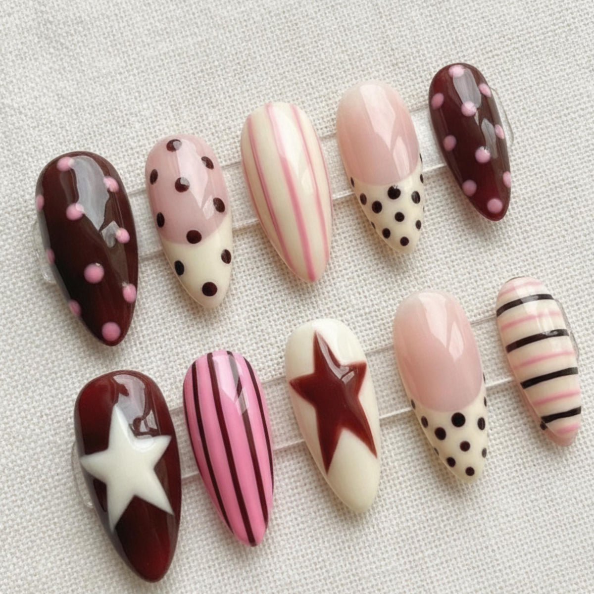Retro Star Press On Nails, Burgundy Yellow Polka Dot Nails