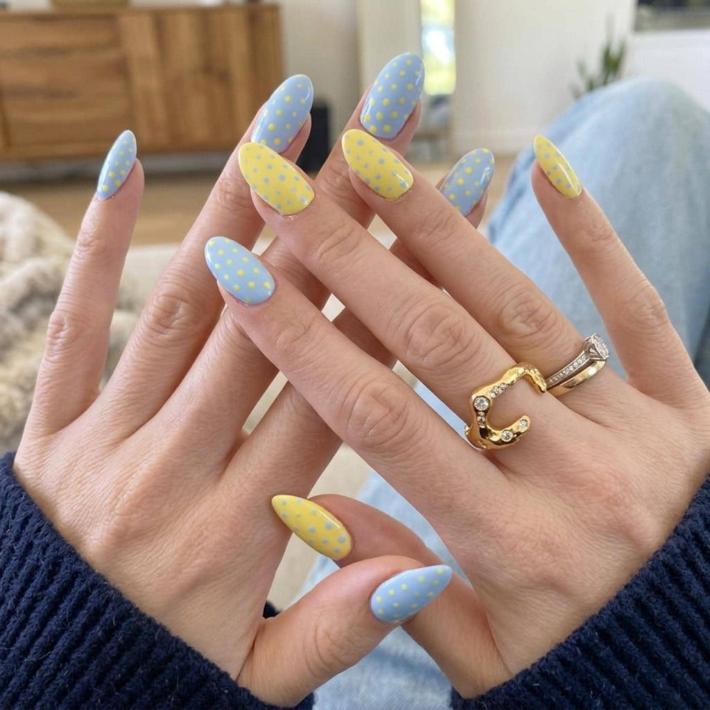 Blue Yellow Polka Dot Nails, Pastel Summer Press Ons
