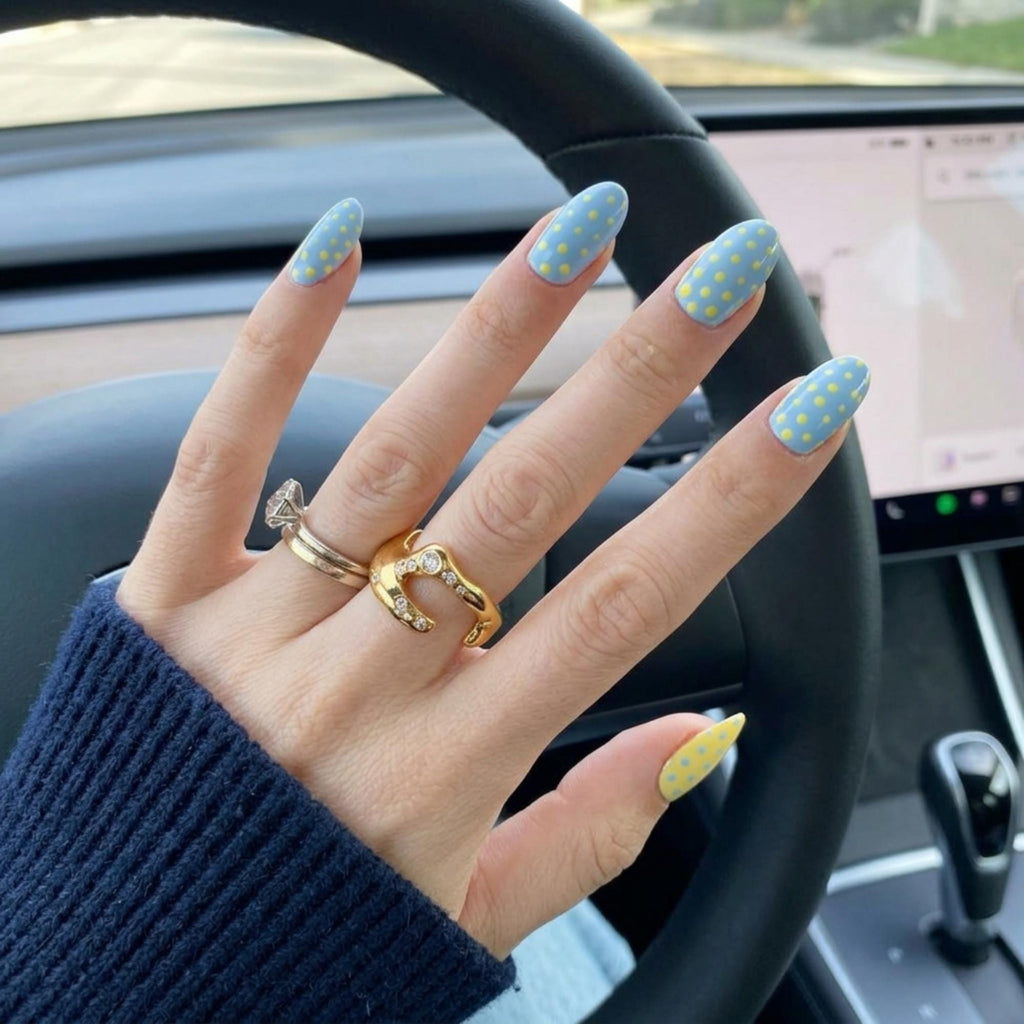 Blue Yellow Polka Dot Nails, Pastel Summer Press Ons