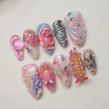 Kawaii Ocean Press On Nails, Jellyfish Starfish Sea Creature Nail Set