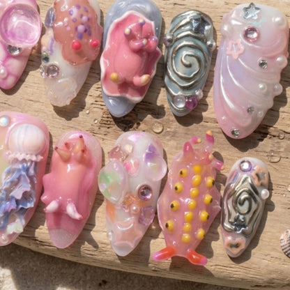 Kawaii Ocean Press On Nails, Jellyfish Starfish Sea Creature Nail Set