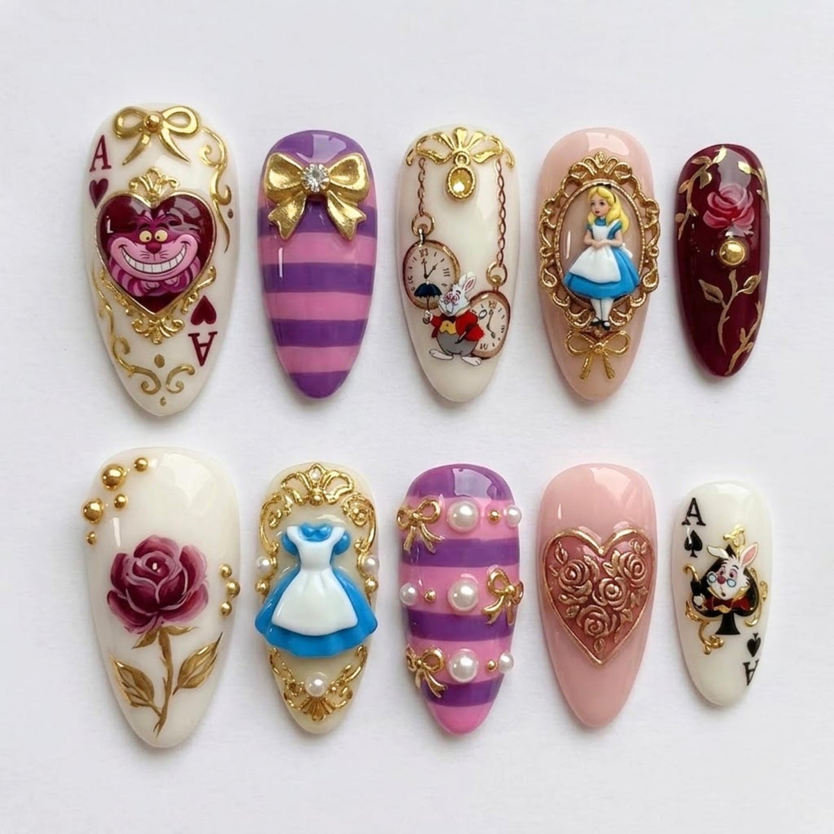 Handmade Wonderland Press On Nails | 3D Alice Cheshire Cat White Rabbit Art | Long Almond Gold Pink Fantasy Fake Nails