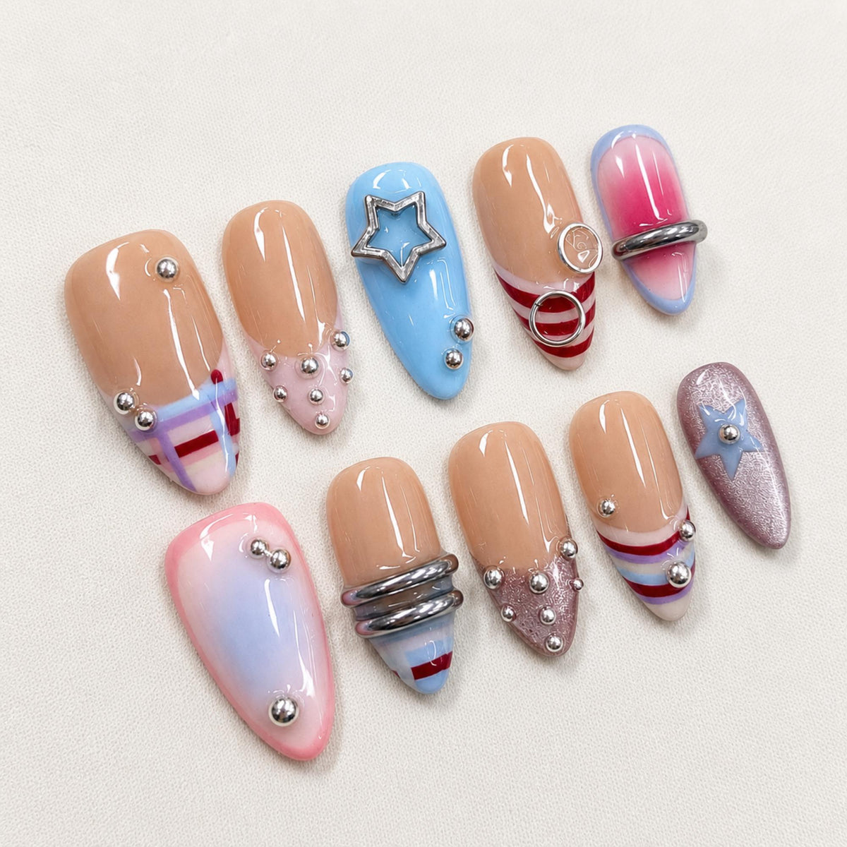 Retro Y2K Star Press On Nails, Pastel Striped Nail Set