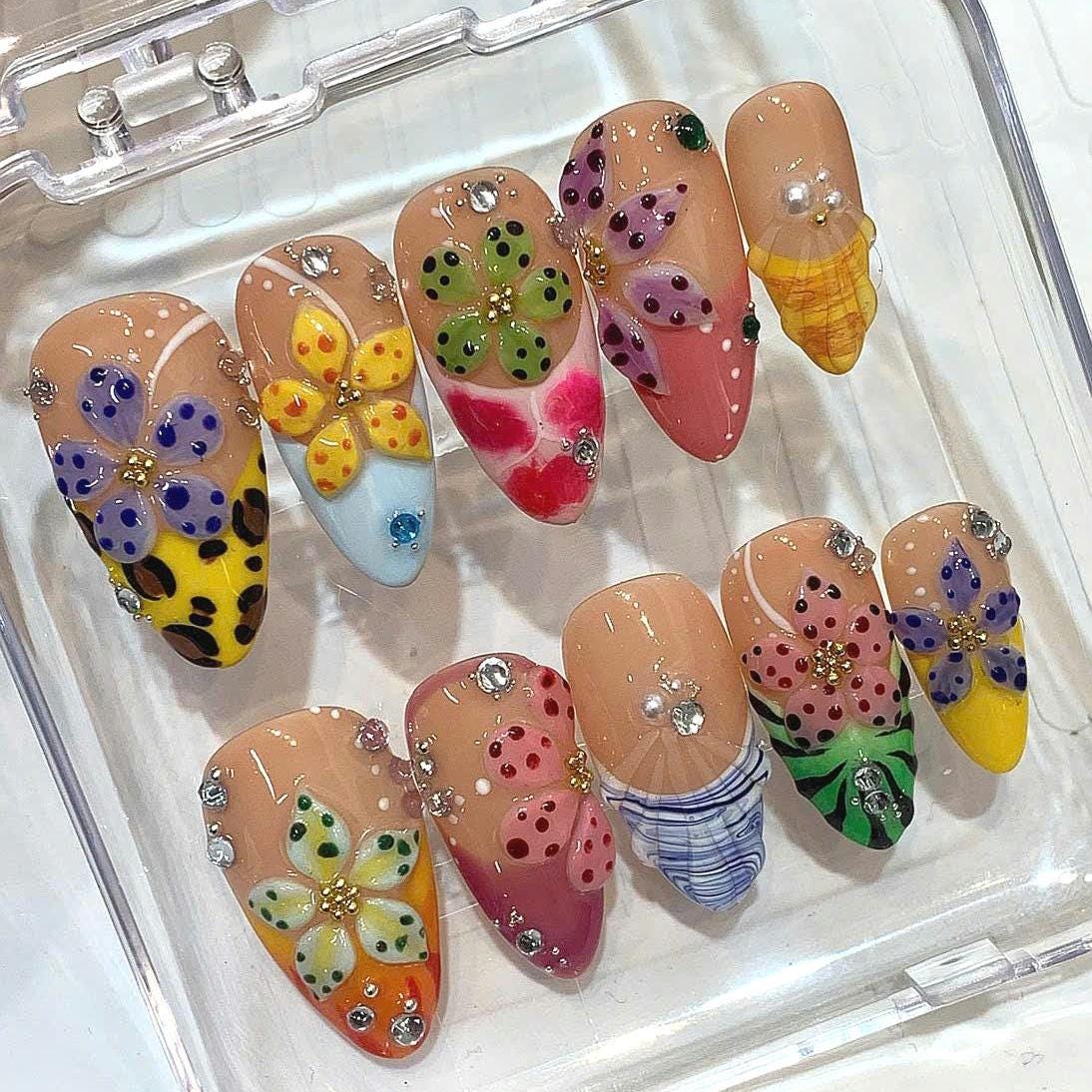3D Flower Press On Nails: Wild Floral Leopard Print, Handmade