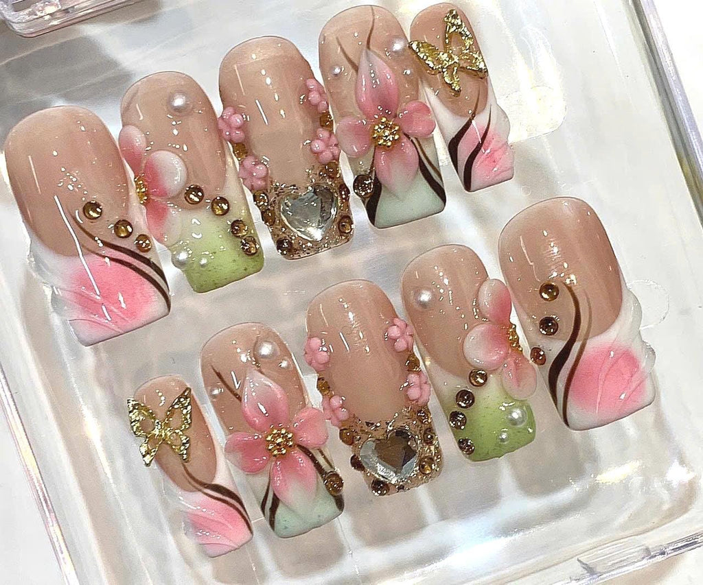 3D Floral Press On Nails | Pink Blossom, Rhinestone Heart, Kawaii Spring Set
