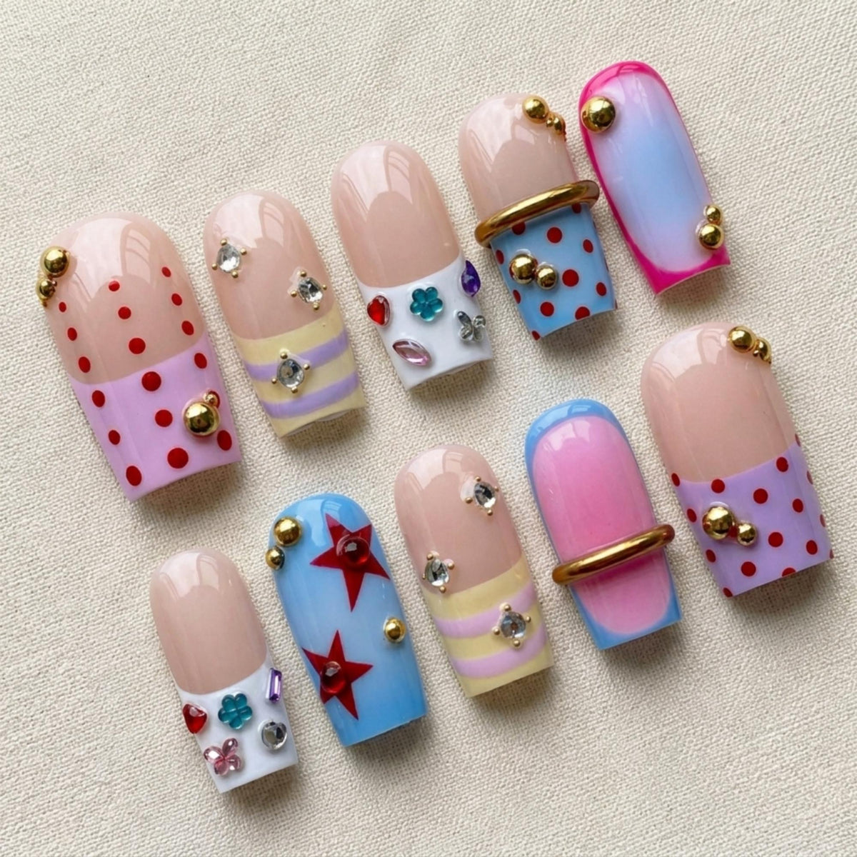 Y2K Polka Dot Press On Nails, Pastel Star Kawaii Nail Set