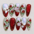 Baroque Floral Press On Nails, Handmade Red Chrome Rose Nail Set