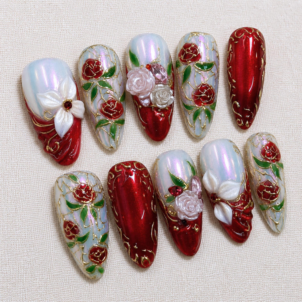 Handmade Red Chrome Rose Nail Set, Baroque Floral Press On Nails